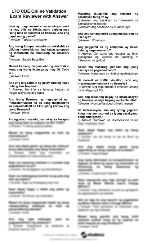 lto cde online validation exam answers|LTO Exam Reviewer in Tagalog (with answers).